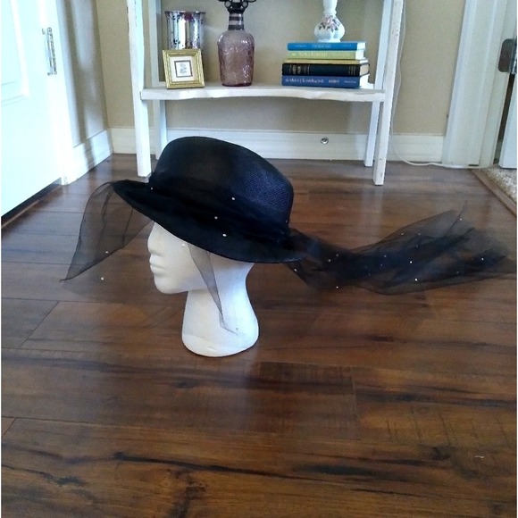 Adolfo‎ II Paris New York Black Straw Fascinator Veil Rhinestones Occasion Hat main image 7